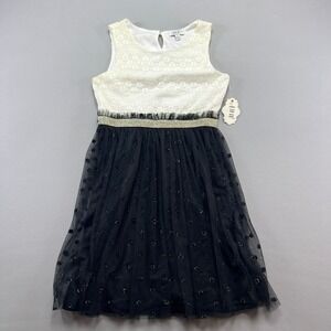 AUW A Line Dress Girls 12 Beige Black Colorblock Floral Lined Lace Detail Party